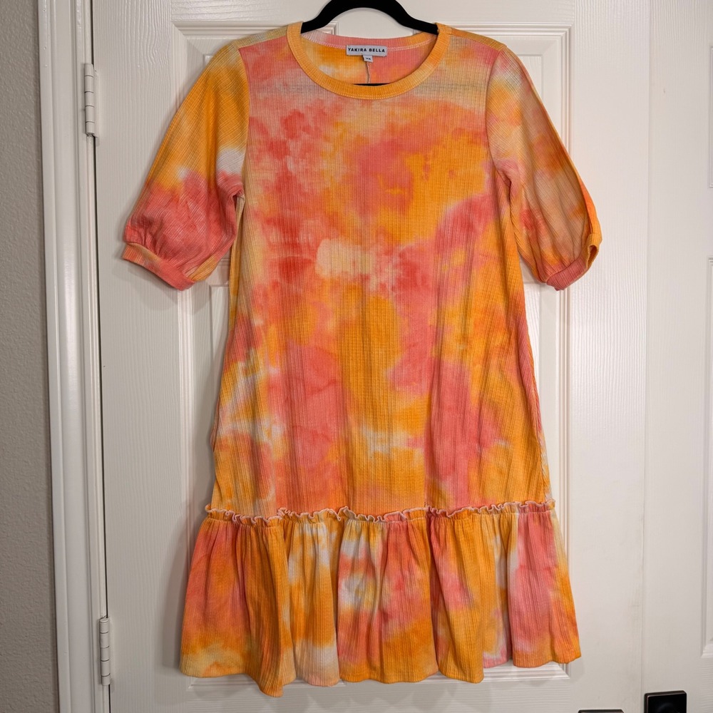 #B18 YAKIRA BELLA Dress XS Orange Pink Tie Dye PTP: 19.5" Puff Sleeve Pockets